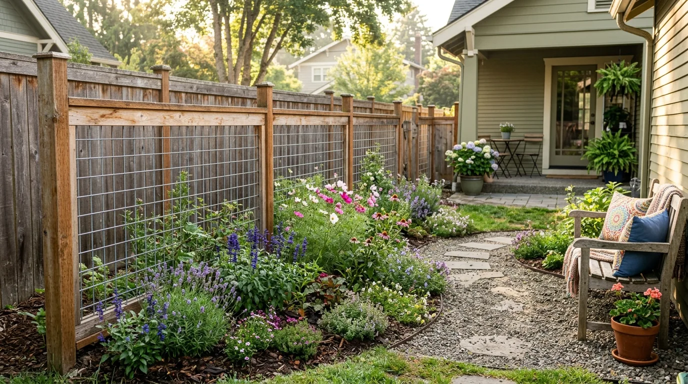 Compact Backyard With Hog Wire Fence